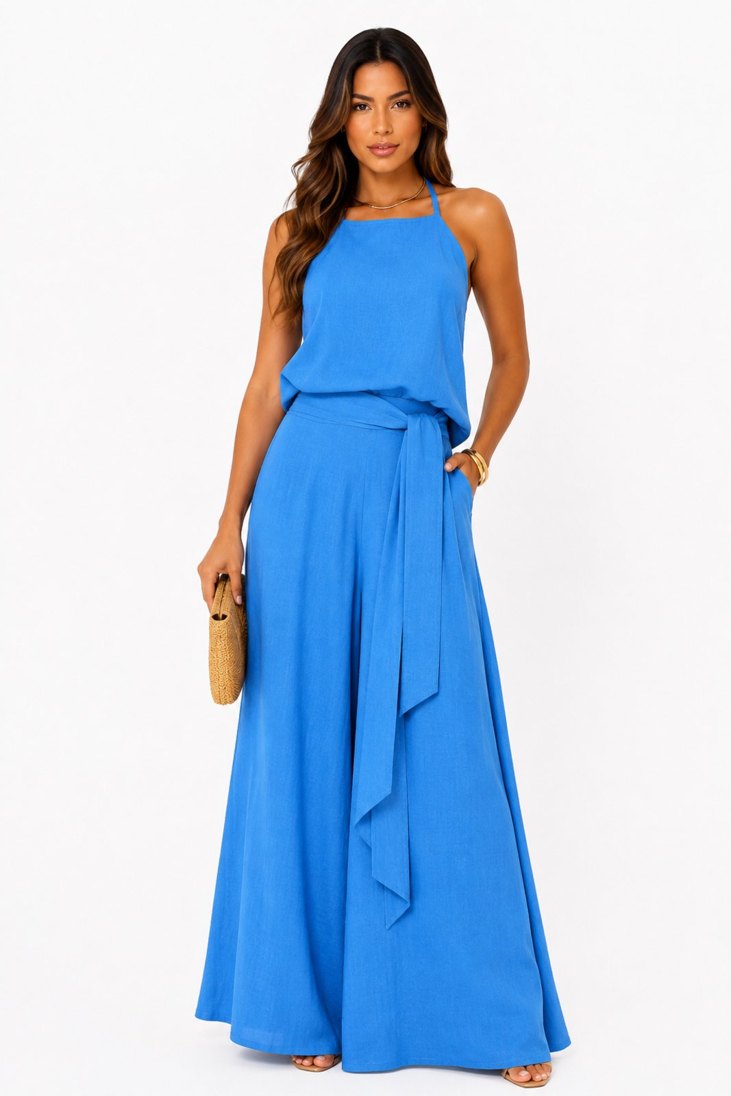 Conjunto D Bell Outlet Fashion Blusa Frente Única e Calça Pantalona Azul Royal