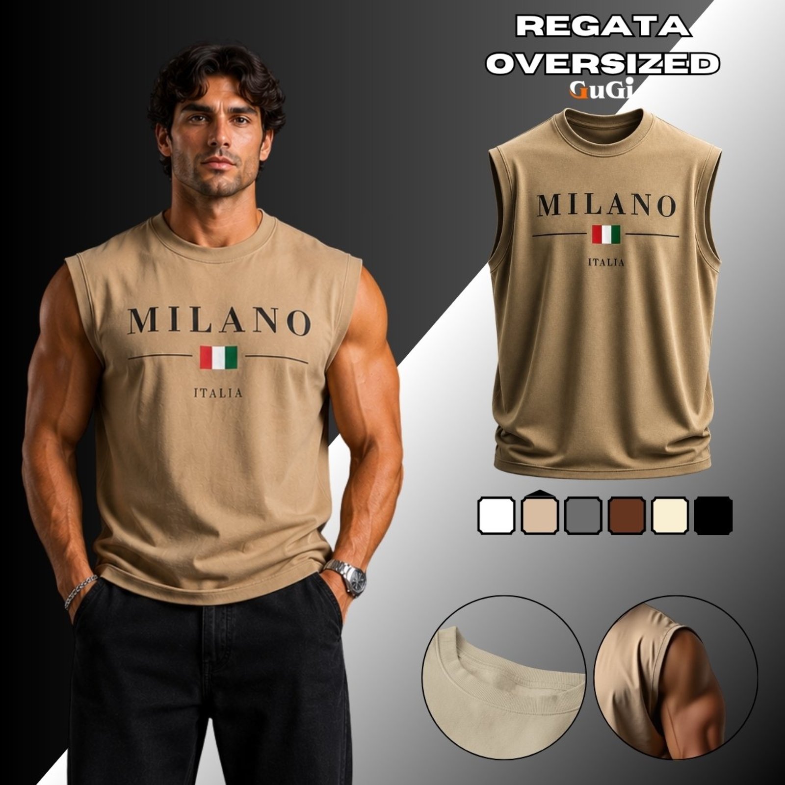 Camiseta Regata Masculina Oversized Estampada Milano Italia 100% Algodão 30.1 Cáqui