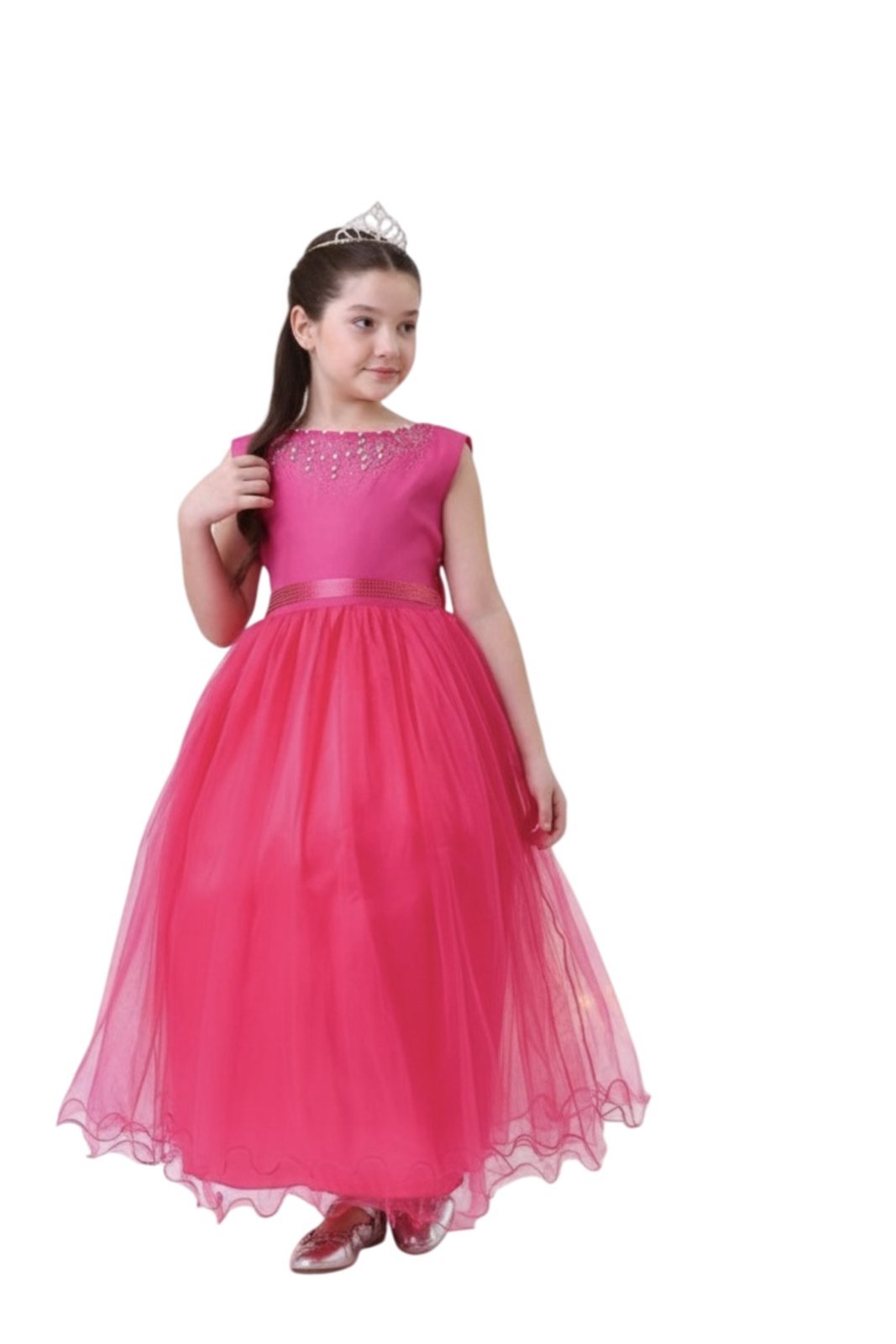 Infantil - Vestido Longo Rosa Pink Fucsia Formatura Casamento Dama Daminha Social Menina Juvenil Festa Pérolas Juvenil Princesa Rodado Florista Aniversário Luxo