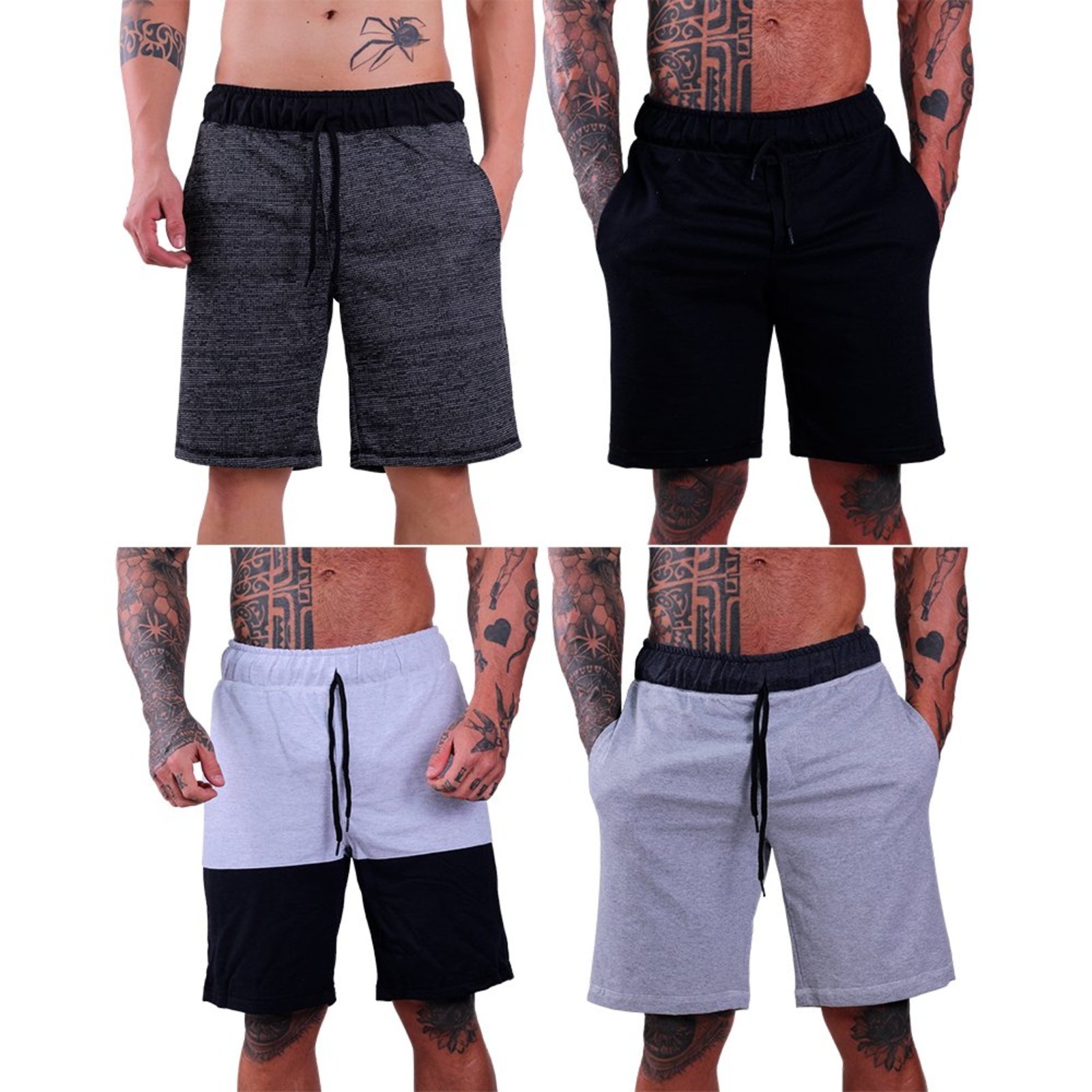 Kit 4 Bermuda Moletom e Moletinho MXD Conceito Academia Musculação Preto, Rajado Preto, Mescla Tradicional e Bicolor Alvejado/Preto