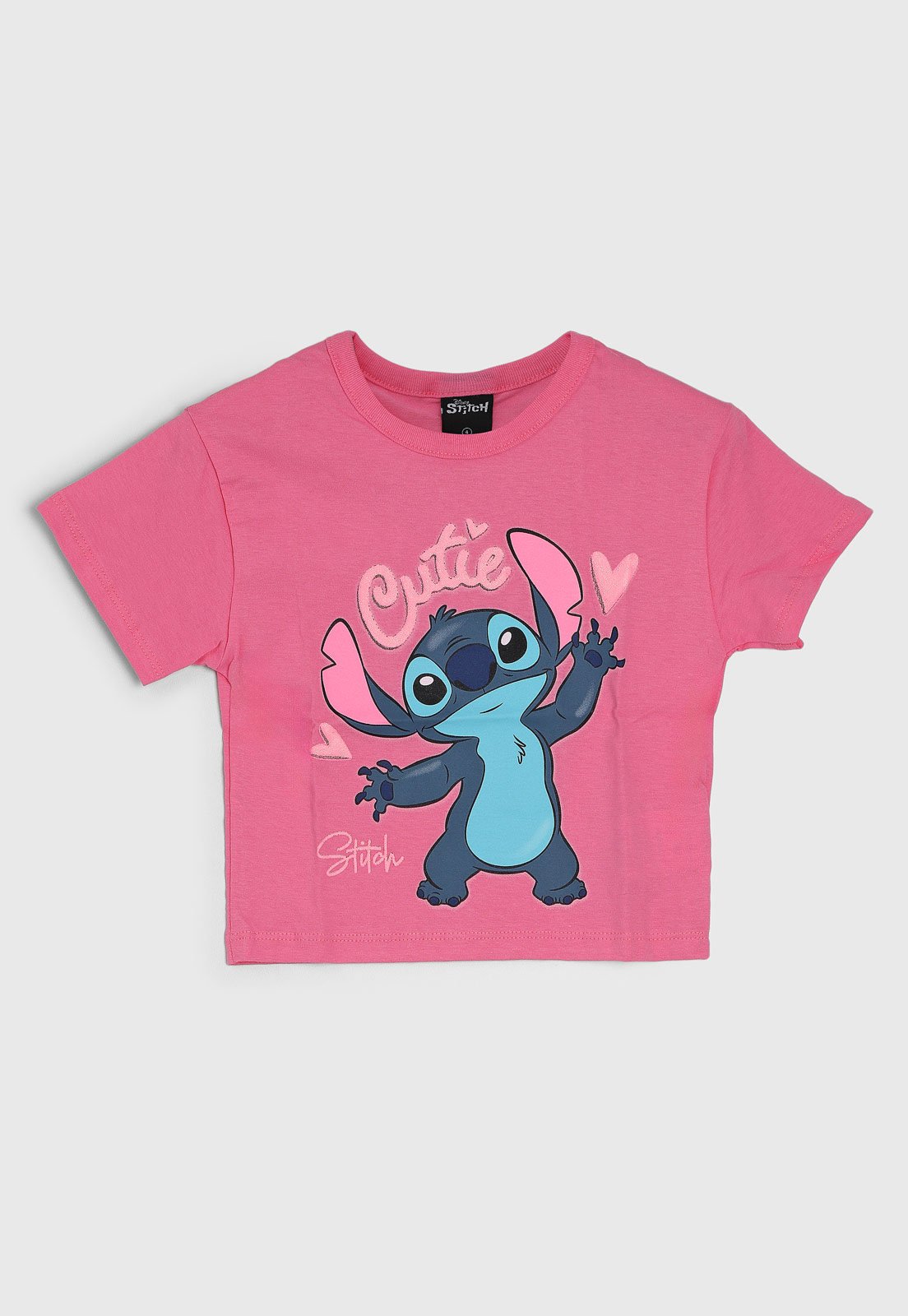 Infantil - Camiseta Brandili Cropped Estampa Stitch Rosa