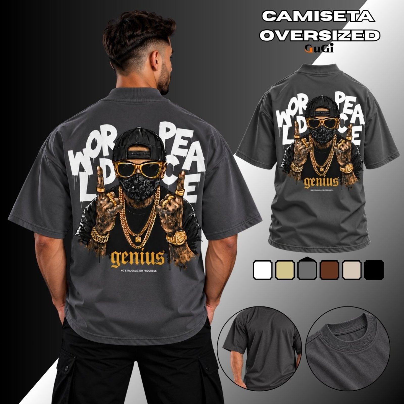 Camiseta Masculina Oversized Rapper Gangster 100% Algodão 30.1 Chumbo