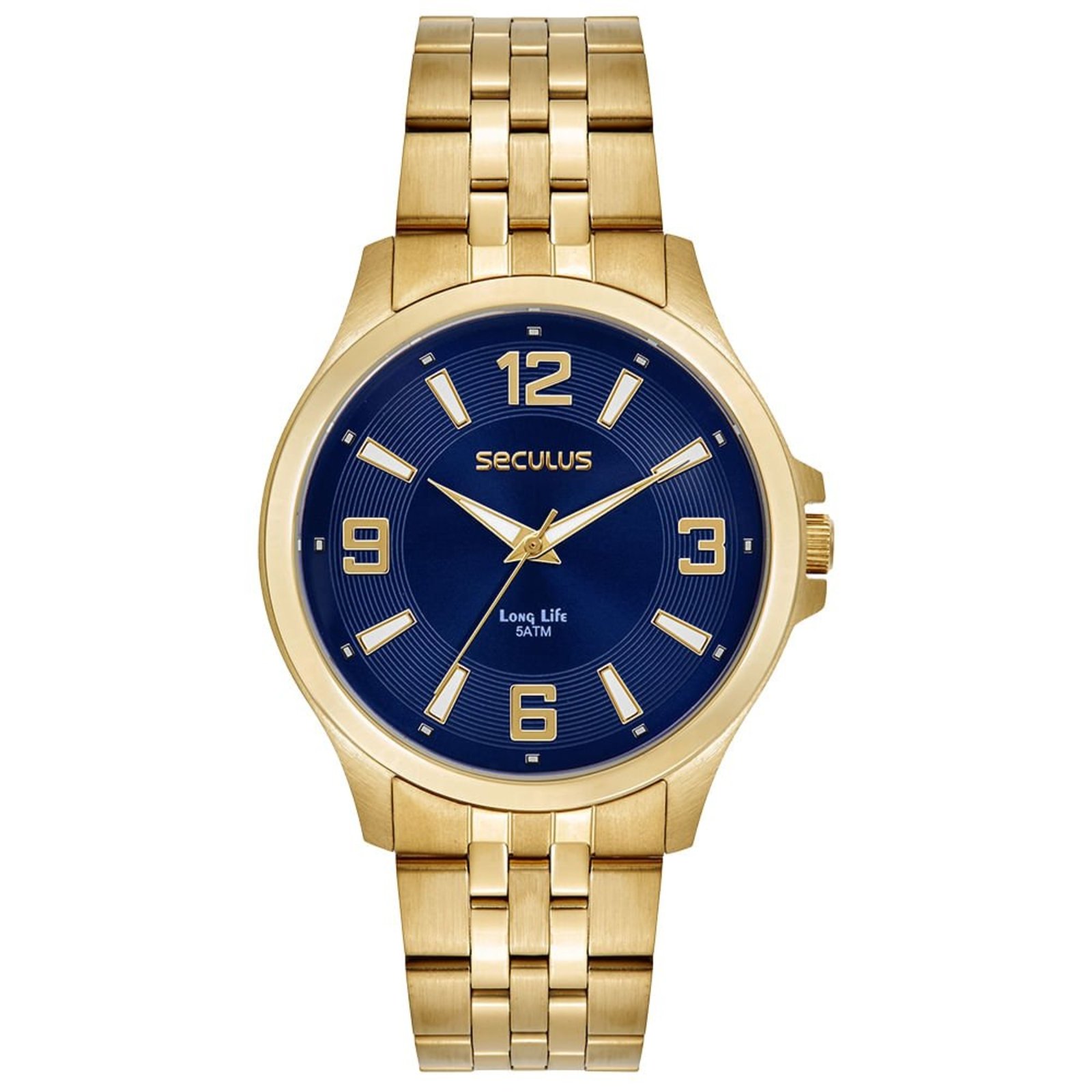 Relógio Seculus Masculino Analógico Aço Dourado Mostrador Azul Seculus