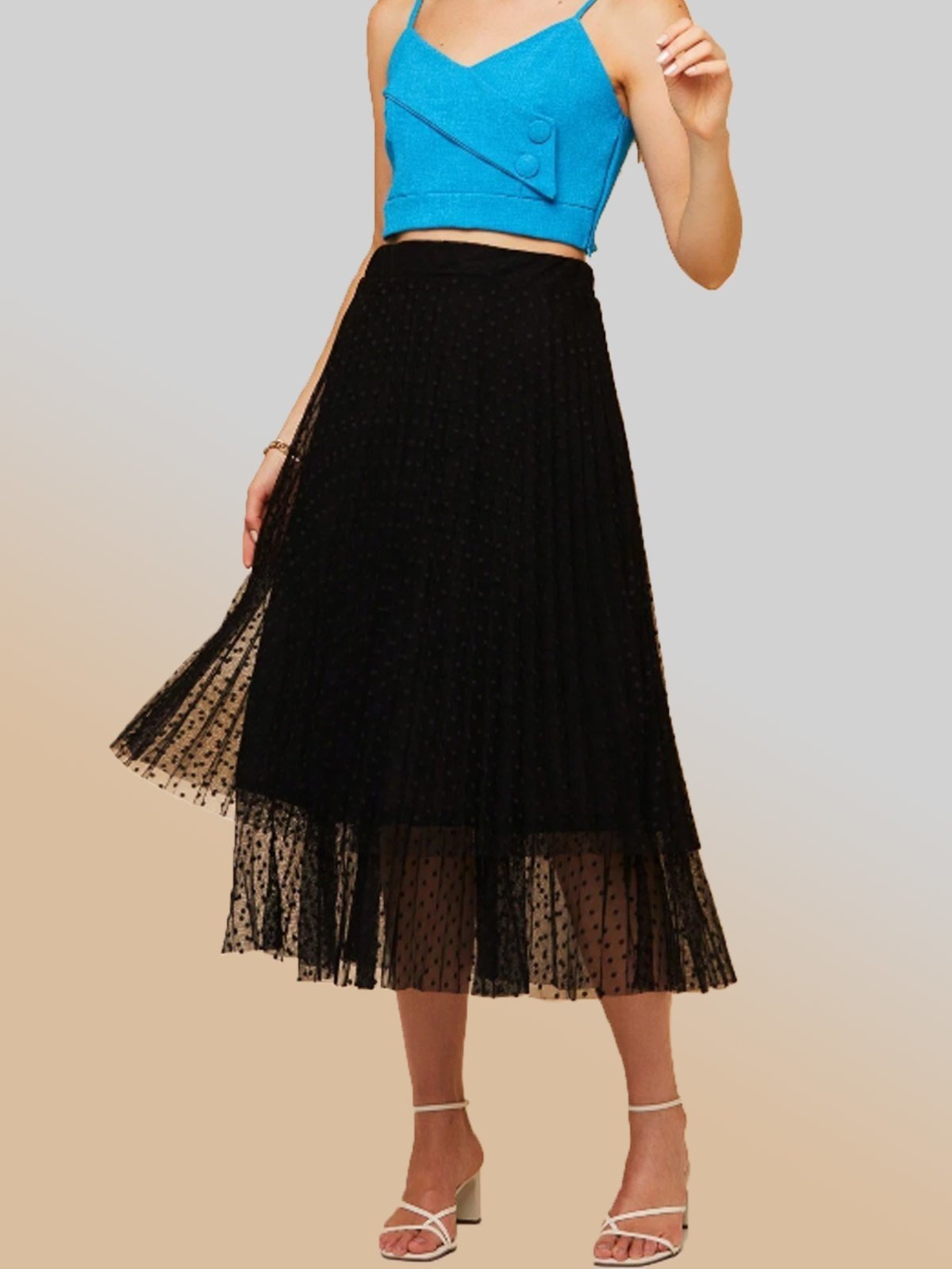 Saia Midi Plissada Moda evangelica Tule poa Forrado 2 Camadas Preta