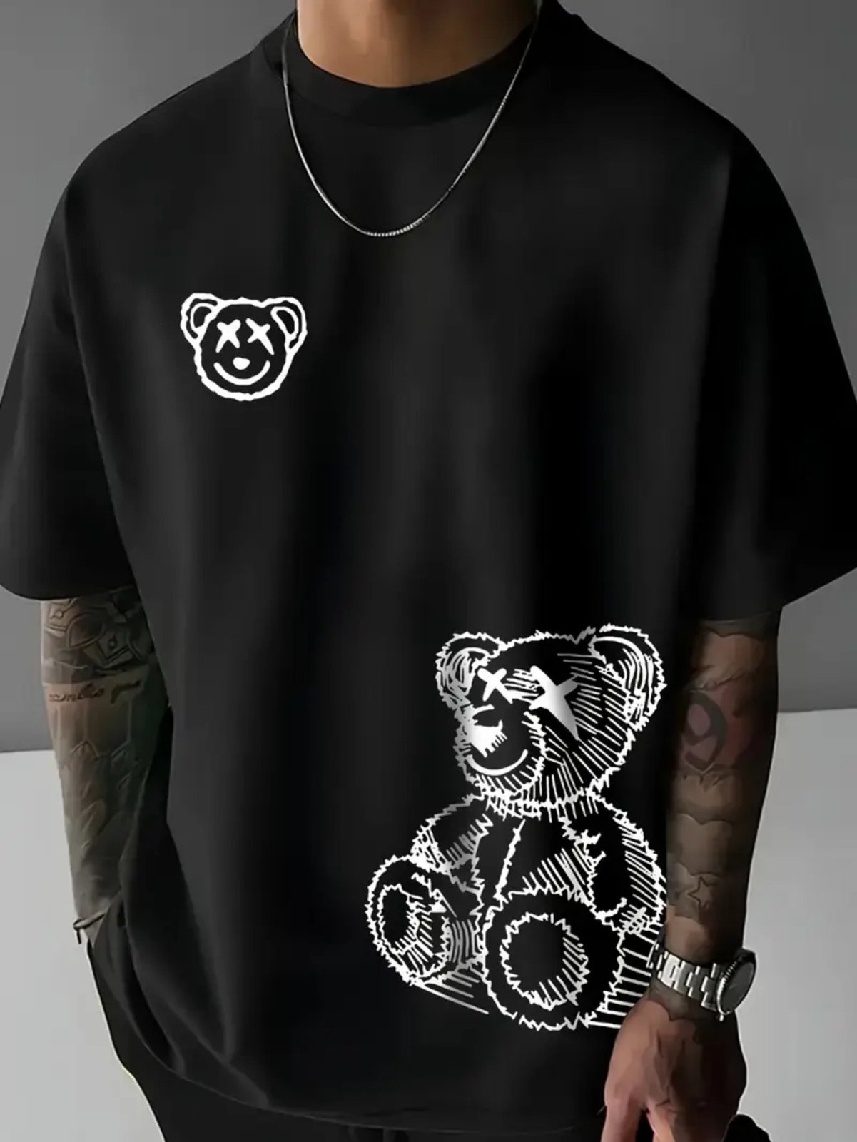 Camiseta Estampada Oversized Double Urso Safira Moda Algodão Preto