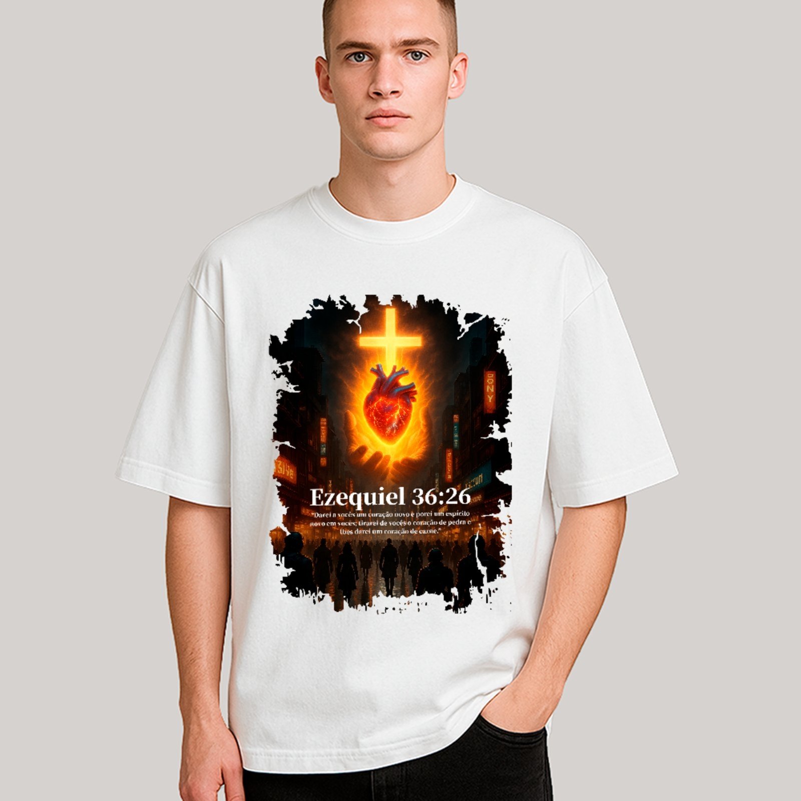 Camiseta Ousy Cristã Oversized Ezequiel Coração Flamejante Unissex Branco