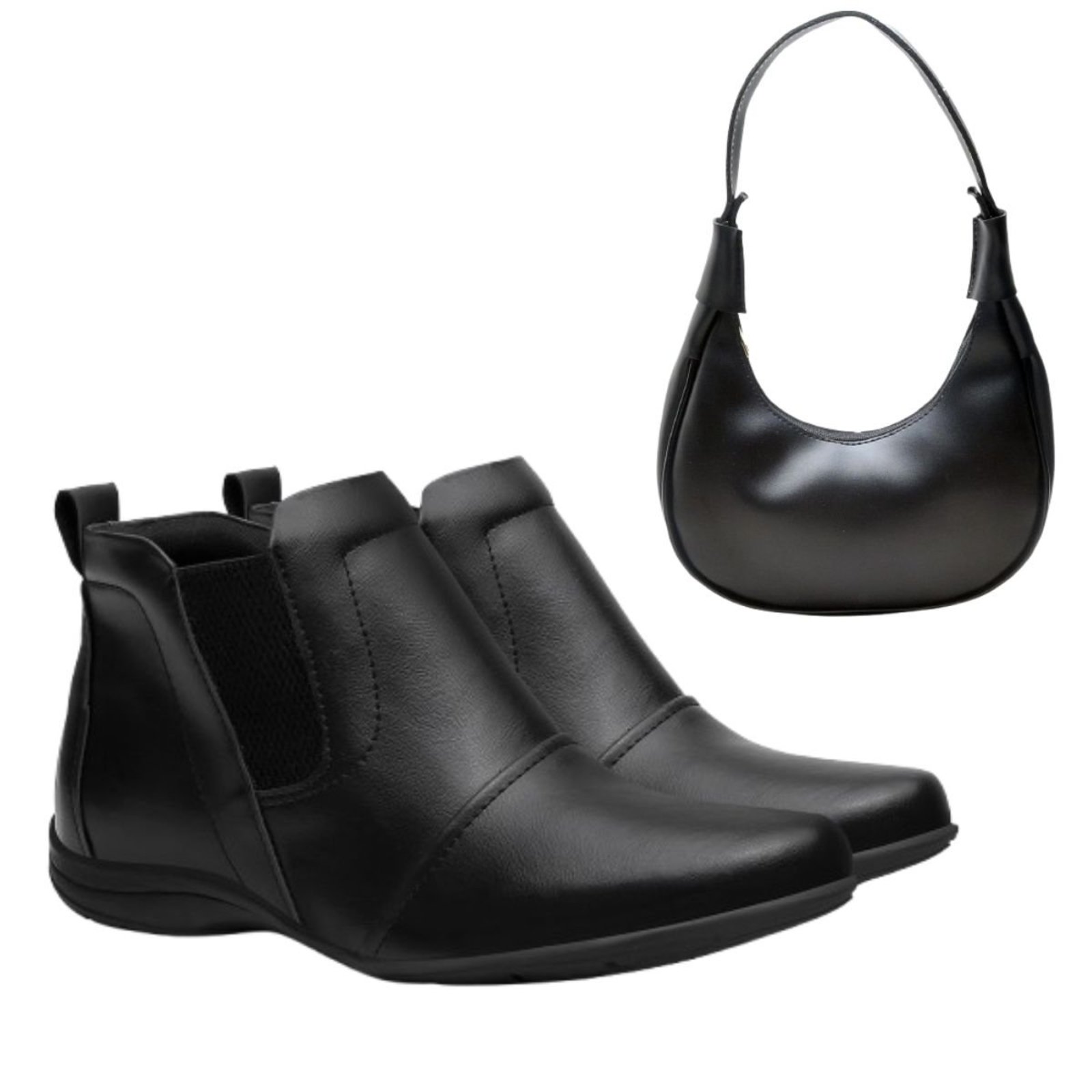 Kit Bota Feminina Chelsea Veritimo Casual Cano Baixo Confortável Leve e Bolsa Ombro Preta