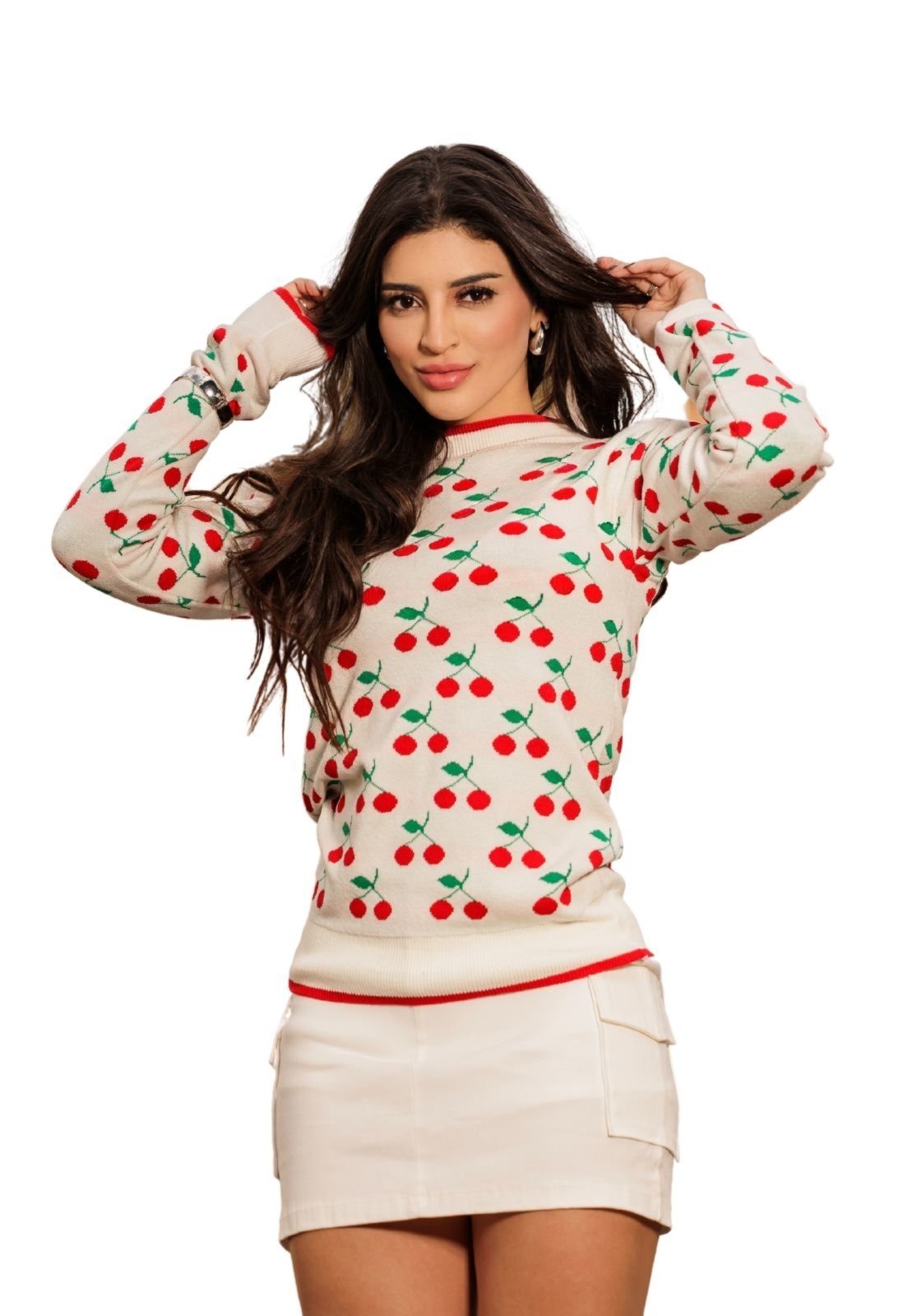 Tricot Manga Longa Cherry Cereja Branco