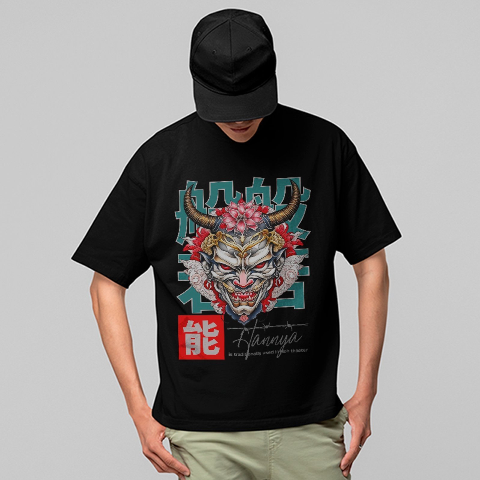 Camiseta Oversized Premium Hannya Samurai Oriental Japão Streetwear Unissex Preto