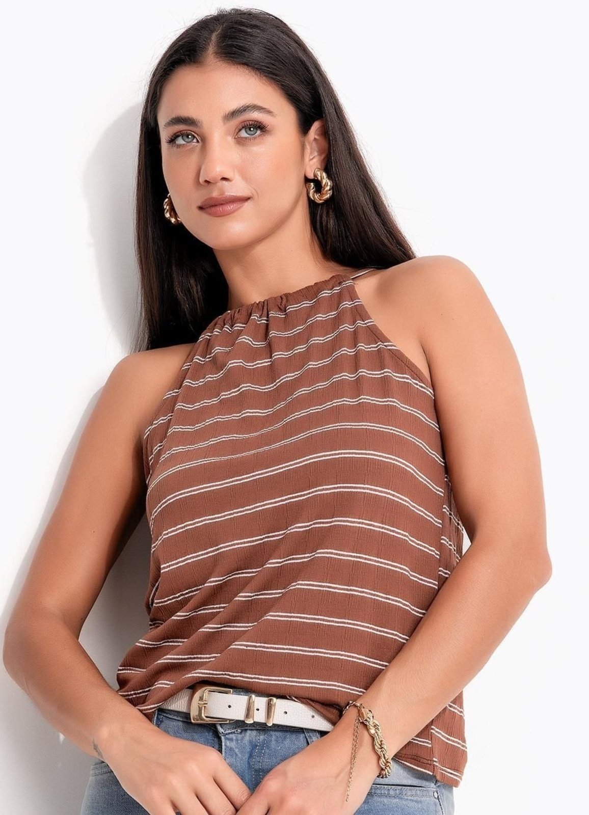 Blusa Em Malha De Viscose Quintess Marrom Listrado