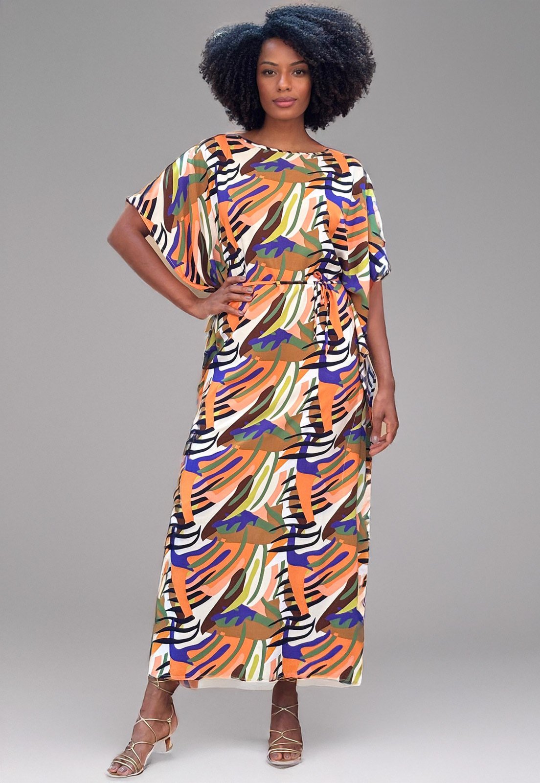 Vista 2 Vestido Amazonia Vital Kaftan Viscose Longo Estampa Cores Vibrante Amazonia Vital estampado/laranja/verde