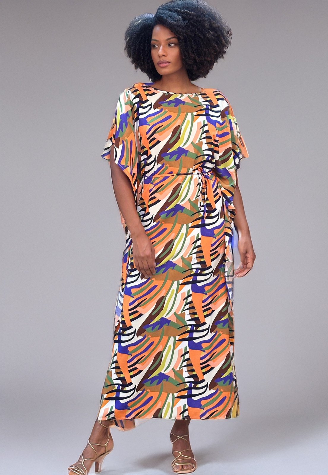 Vista 3 Vestido Amazonia Vital Kaftan Viscose Longo Estampa Cores Vibrante Amazonia Vital estampado/laranja/verde