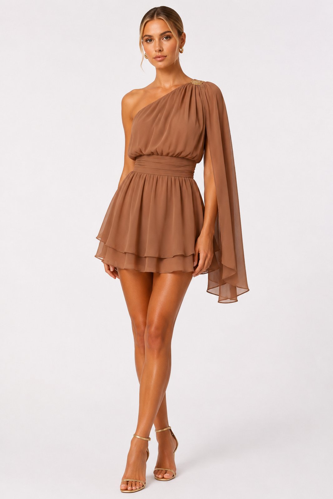 Vestido Curto D Bell Outlet Fashion Chiffon Um Ombro Só Marrom