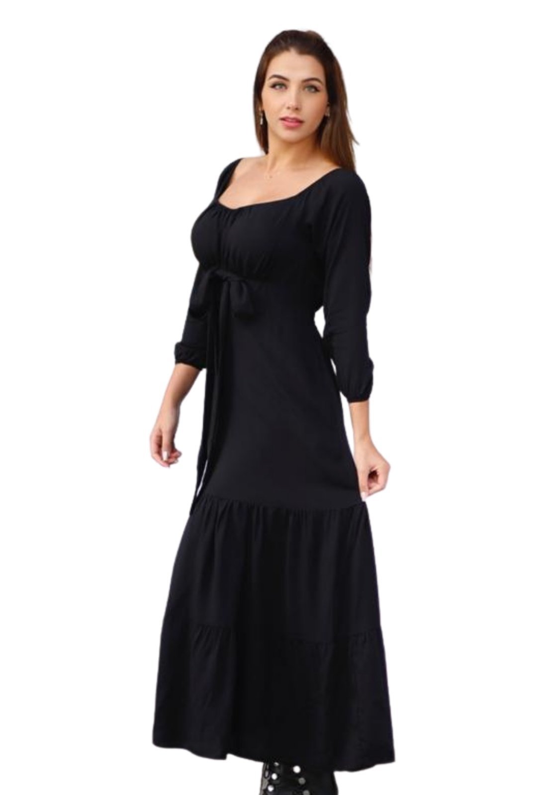Vestido Viscose Longo Manga Longa Preto Liso