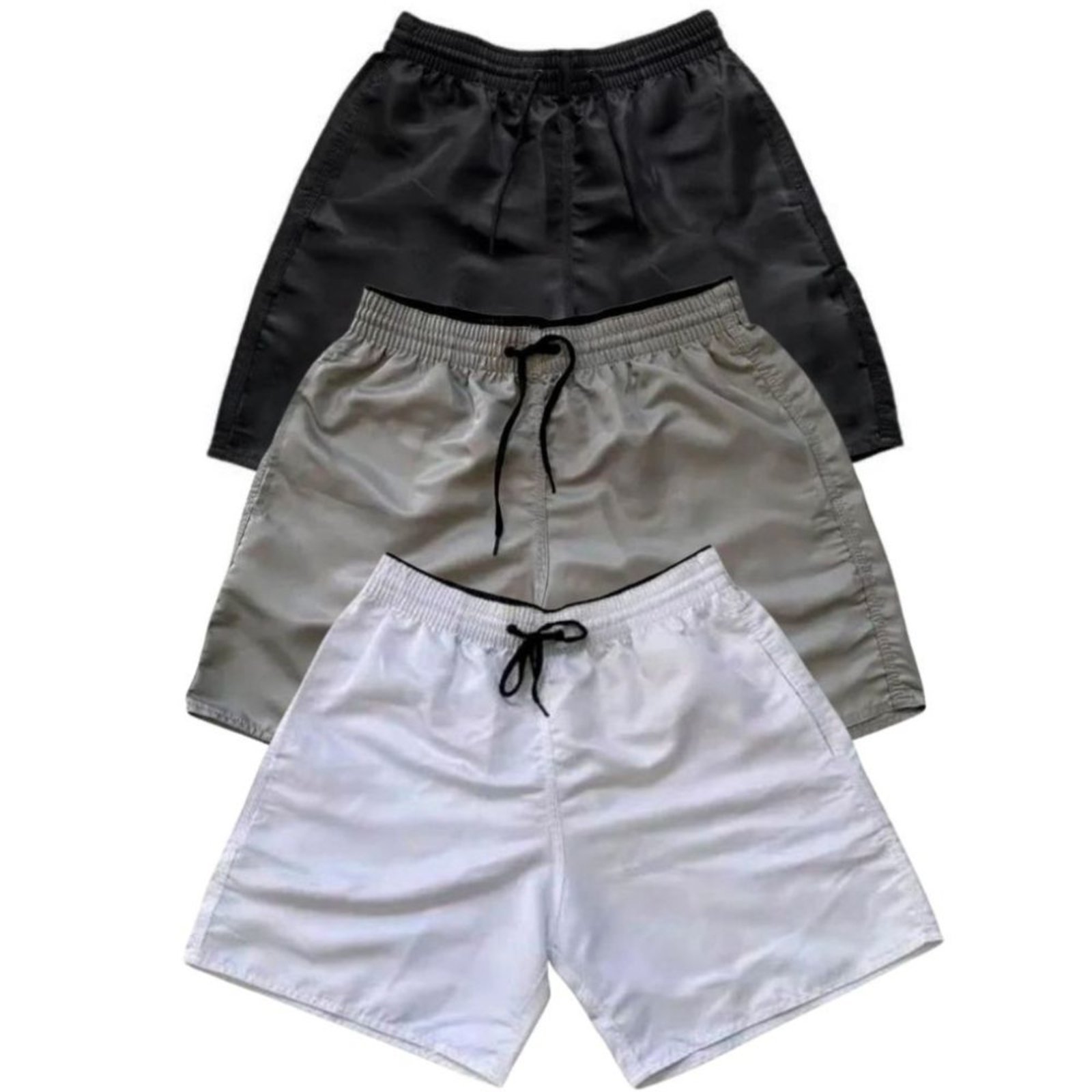 Vista 2 Kit 3 Short Bermuda Moda Praia Tactel Liso Masculino Relaxado azul/branco/preto Relaxado azul/branco/preto
