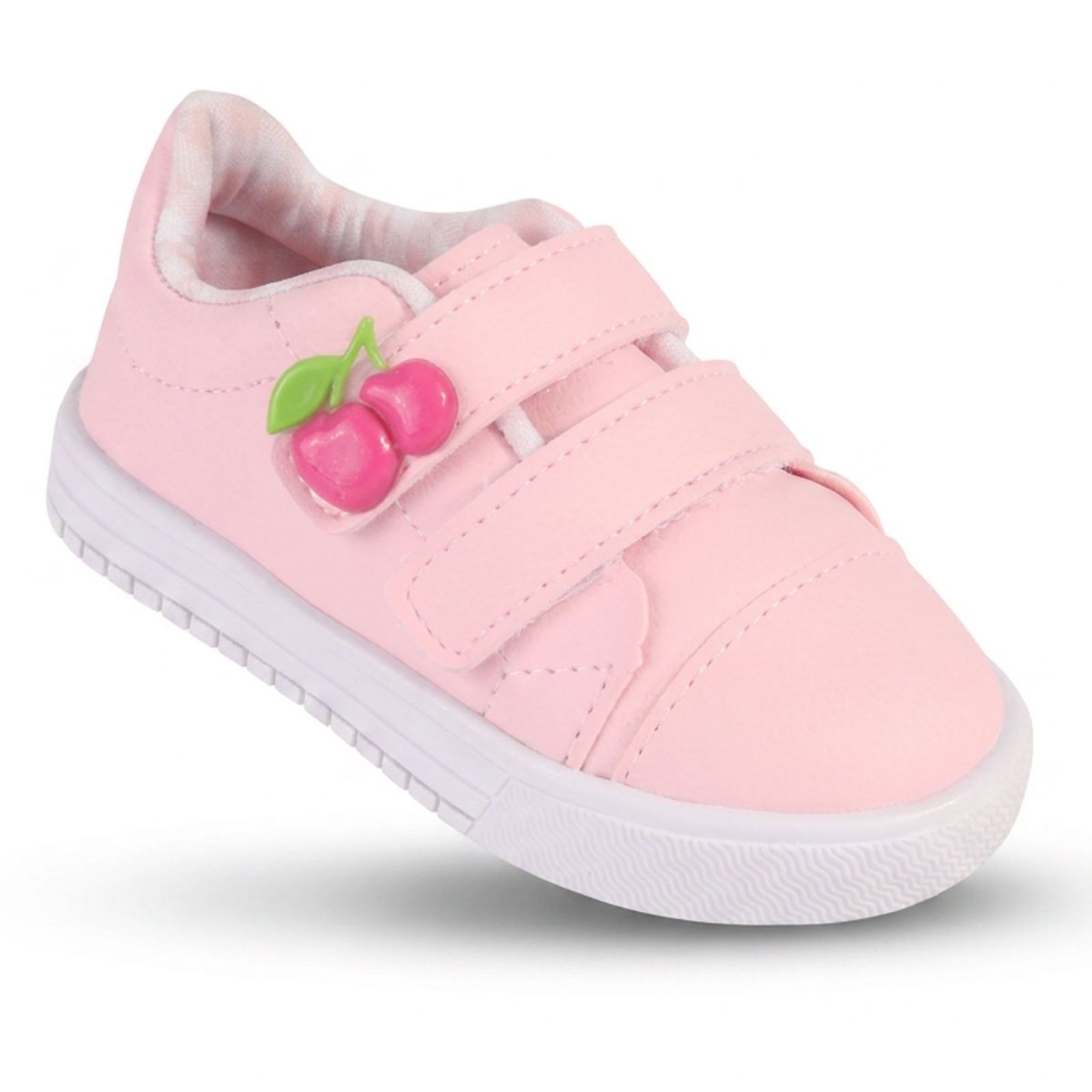 Infantil - Tênis Menina Bee Happy Cereja Rosa com Aplique e tiras autocolantes