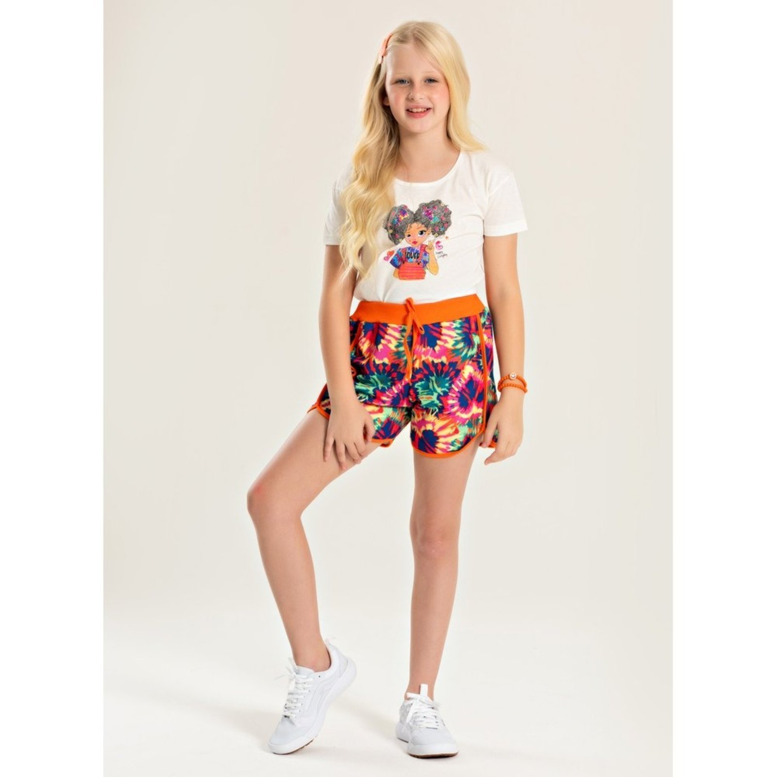 Infantil – Conjunto Verão Menina Natural Blusa T-shirt e Shorts Boxeador Garota tie-dye