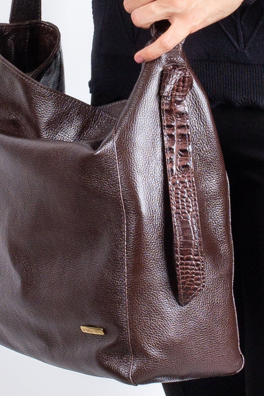 Vista 3 Bolsa sacola de ombro em couro croco Mara - Café Andrea Vinci azul Andrea Vinci azul