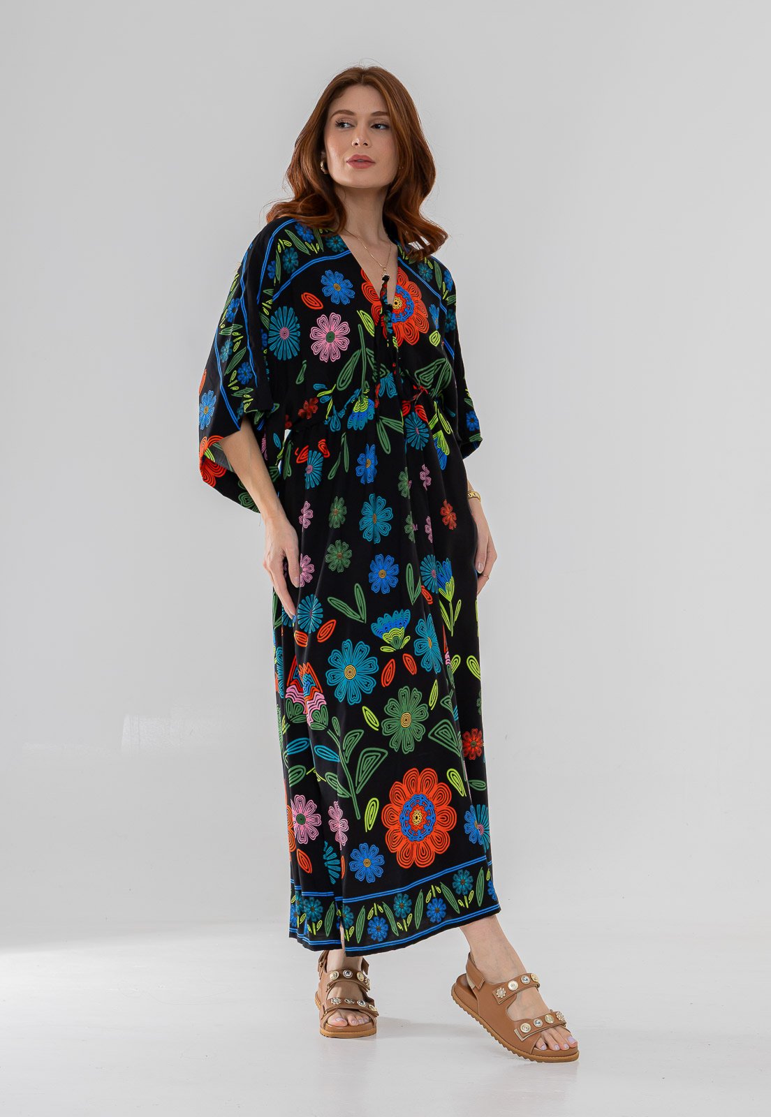 Vestido Aura Francine Barrado Floral Preto