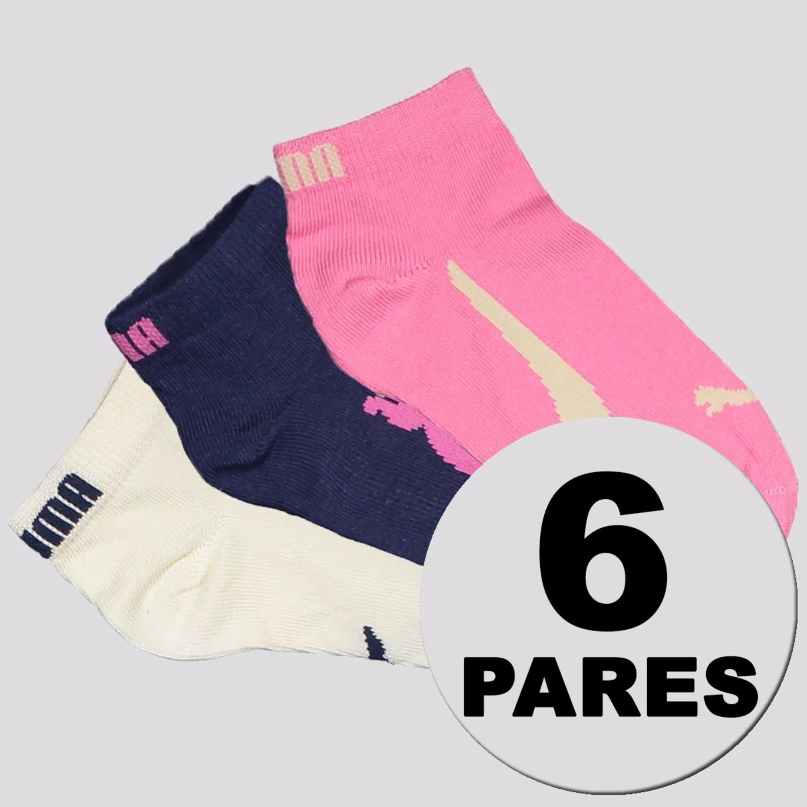 Vista 2 Kit Meia Puma Sapatilha 6 Pares Marinho e Off White rosa Puma rosa