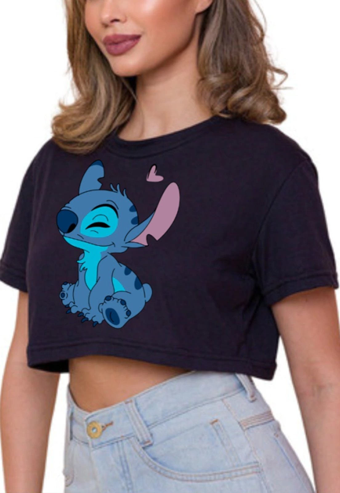Camiseta Cropped Liso Mooboo Blusa Reta Preto Street estampa Stitch
