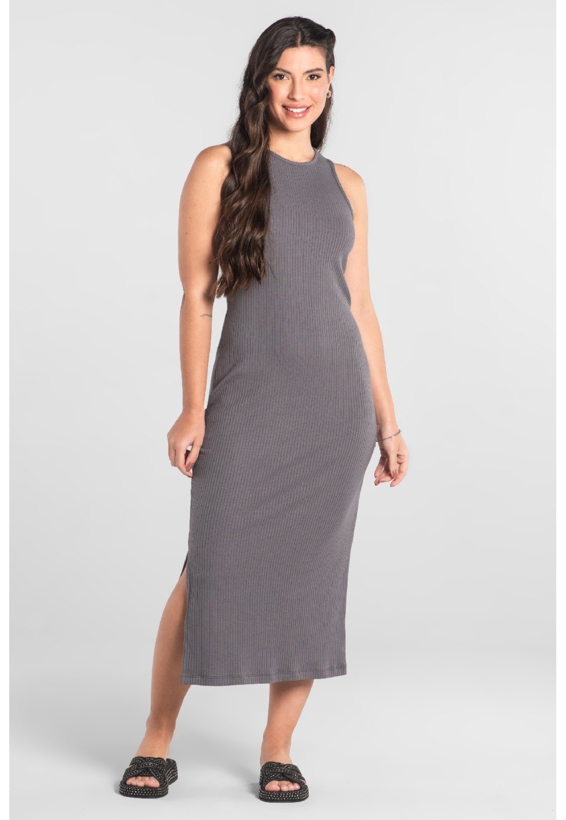 Vestido Adulto em Ribana Canelada Just Basic Cinza