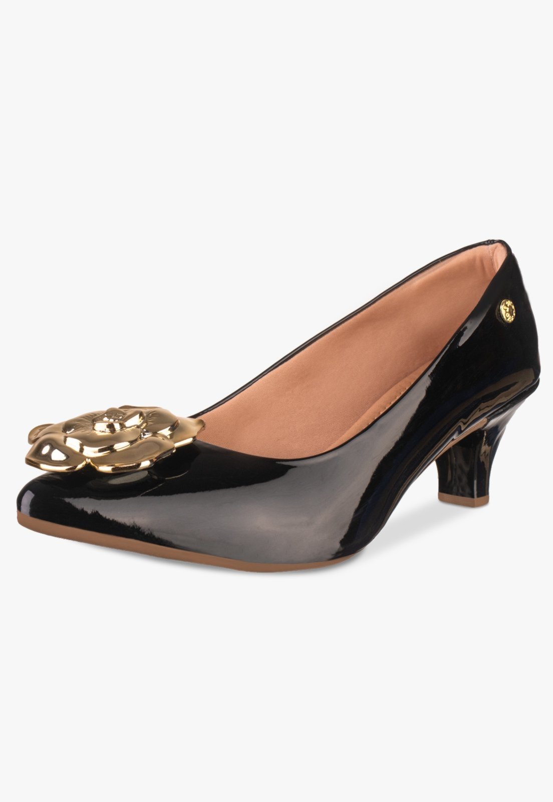 Scarpin Feminino Takata Salto Baixo Fino Sapato Boneca Flor Verniz Preto