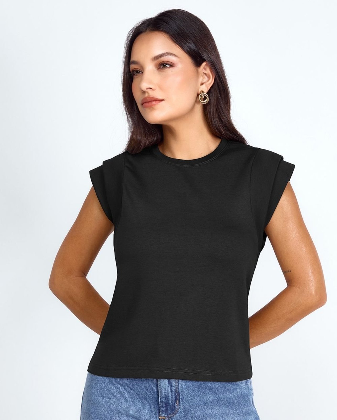 Regata Decote Redondo Feminina Manga Dupla Premium 90301 Preto Consciência