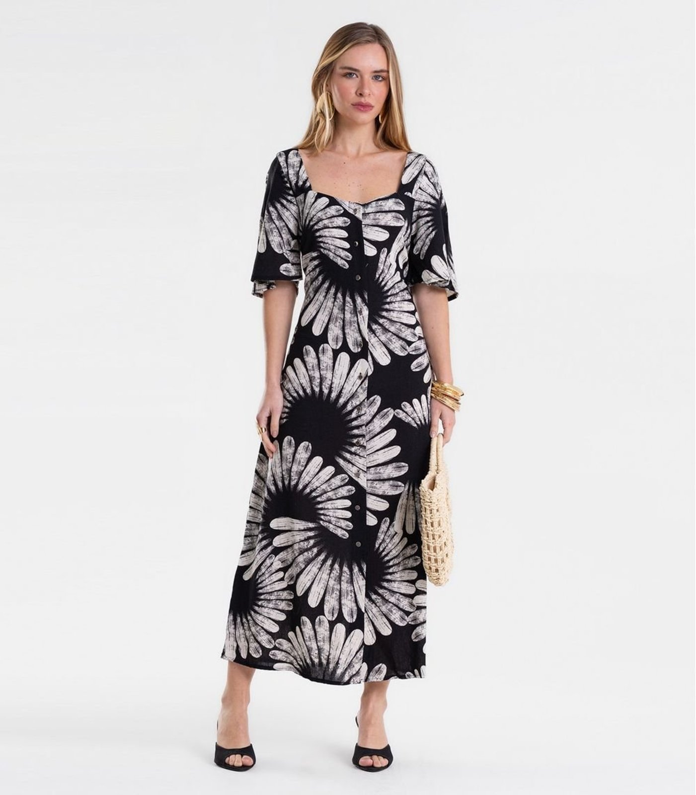 Vestido Feminino Super Midi Estampado Endless Preto