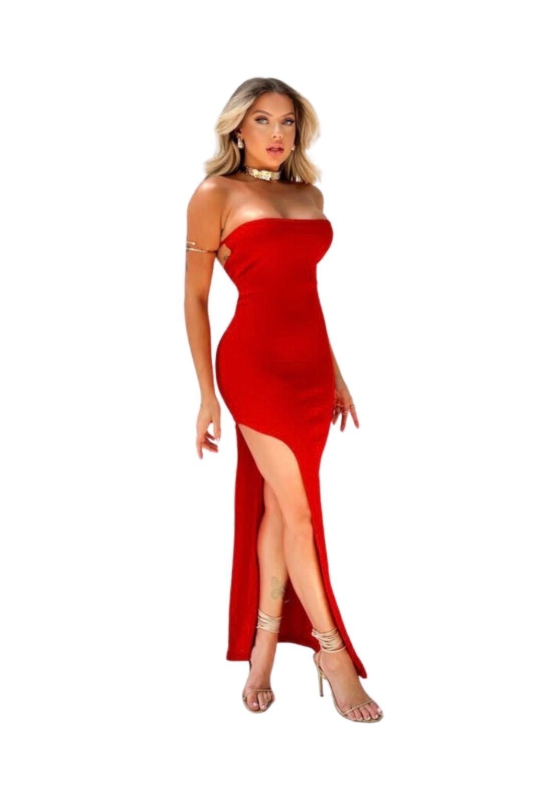 Vestido Midi Tubinho Frente Única Amarração nas Costas Max Fenda na saia Bya Vermelho