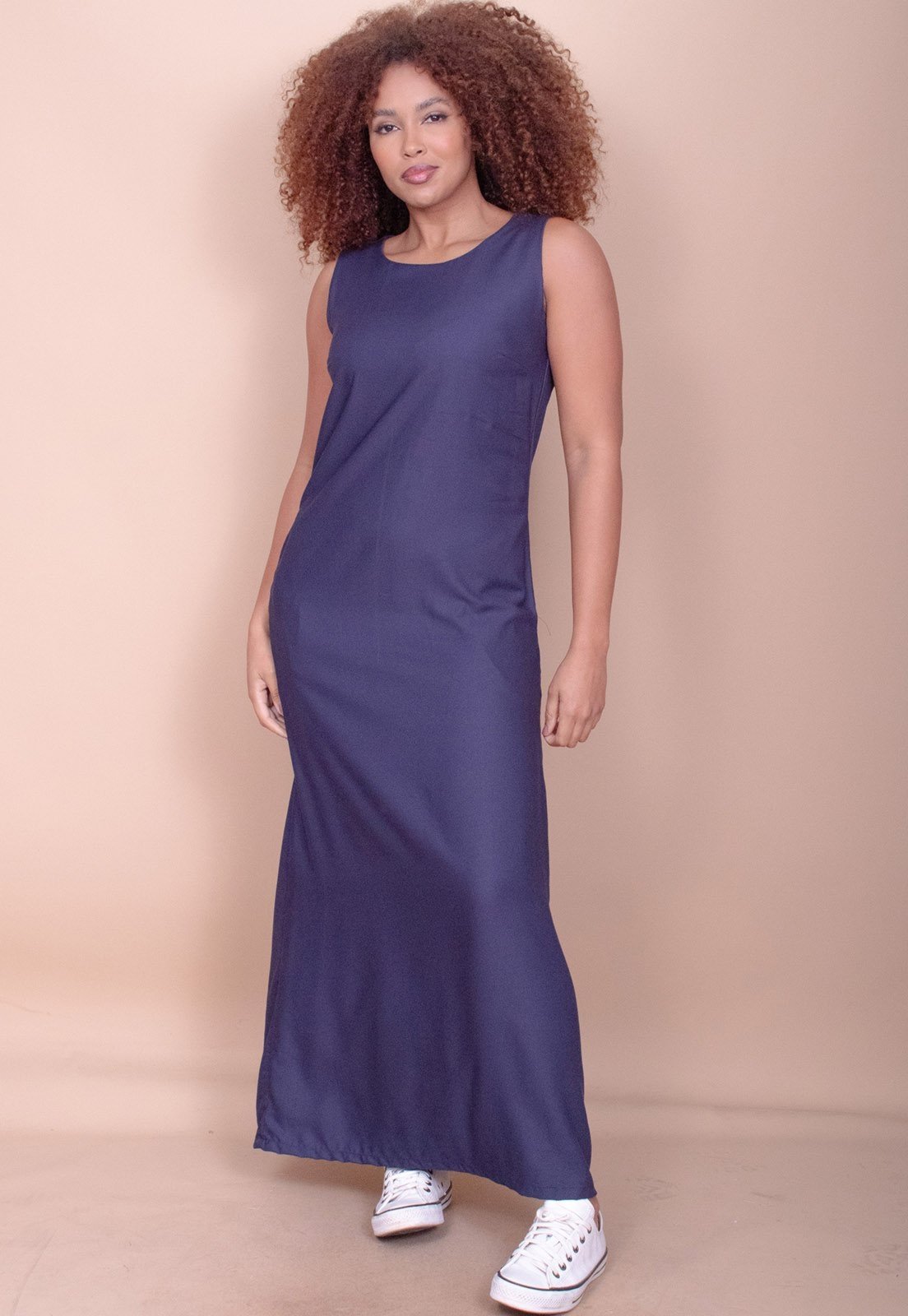 Vestido Longo Cabanafree Plano com Bolso Azul Marinho