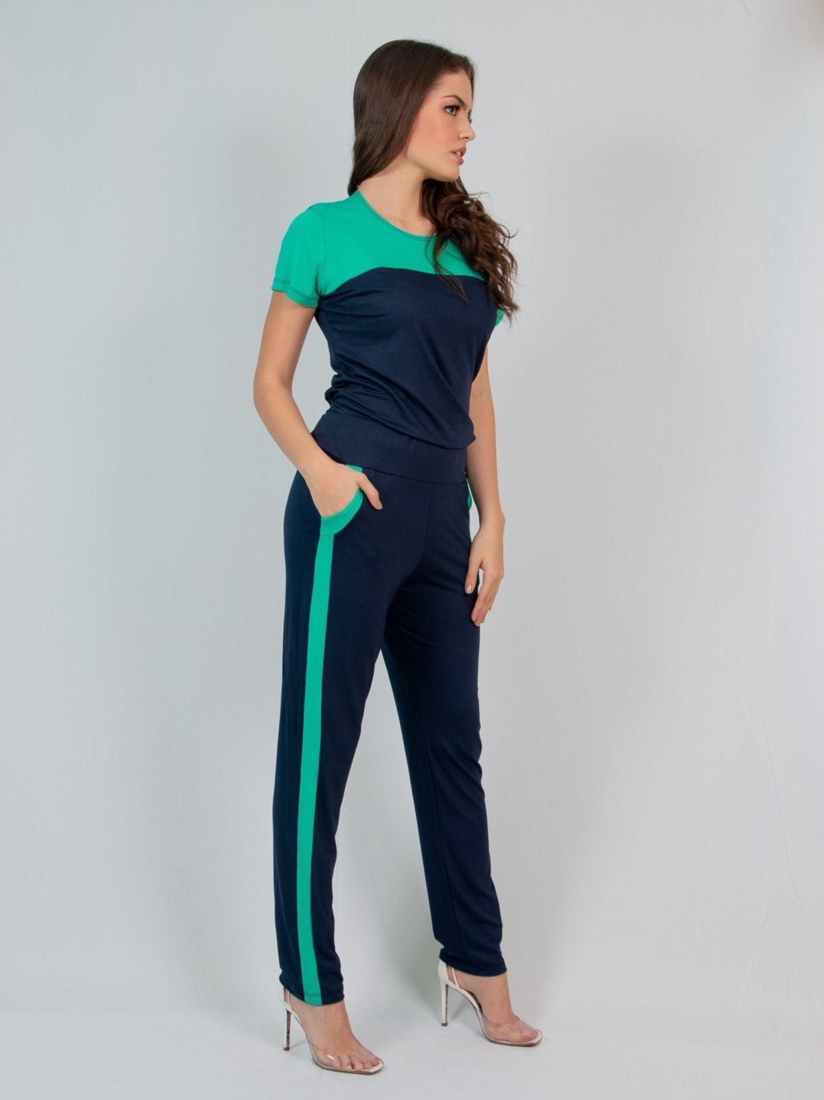 Vista 3 Conjunto Calça e Blusa Maria Paes Azul Marinho e Verde verde azul Maria Paes verde azul