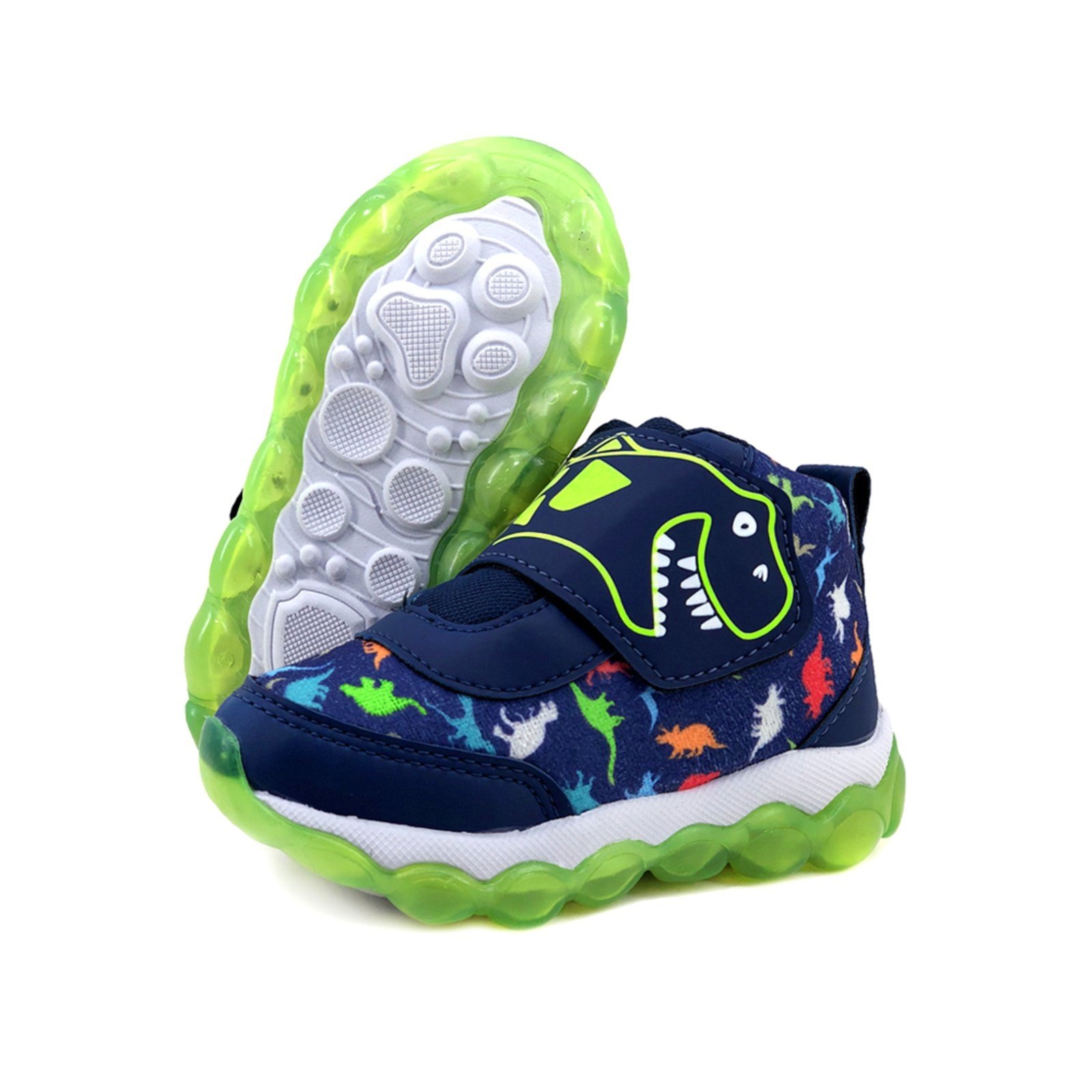 Infantil - Tênis Masculino de LED Cano Alto Dinossauro AS350 Azul Marinho-Limão