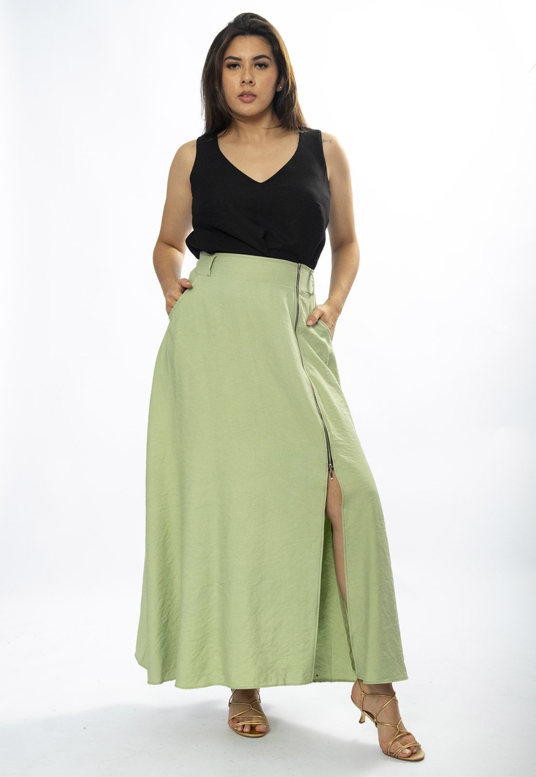 Saia Cabanafree Midi com Zíper Verde Menta