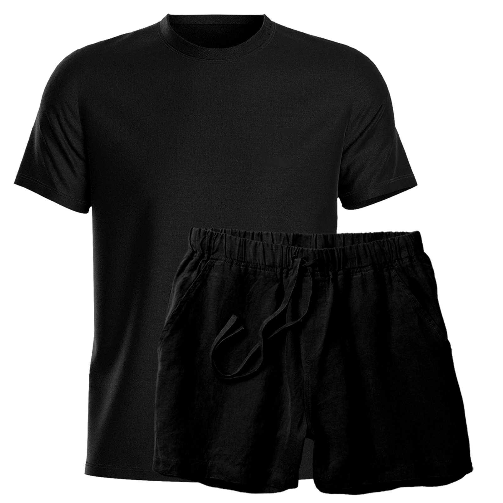Vista 2 Conjunto Camiseta e Short Linho Premium Bermuda Masculina Moda Praia Luxo Relaxado preto Relaxado preto