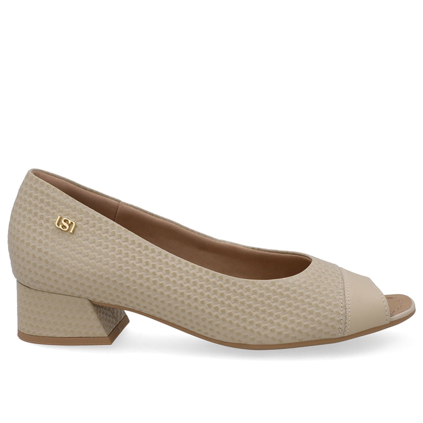 Peep Toe Em Couro Bege Texturizado Com Salto Bloco