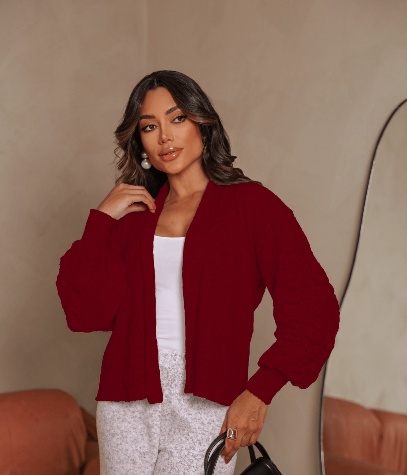 Casaco Cherry Line Mousse Tricô Manga Longa Bufante Textura Vermelho