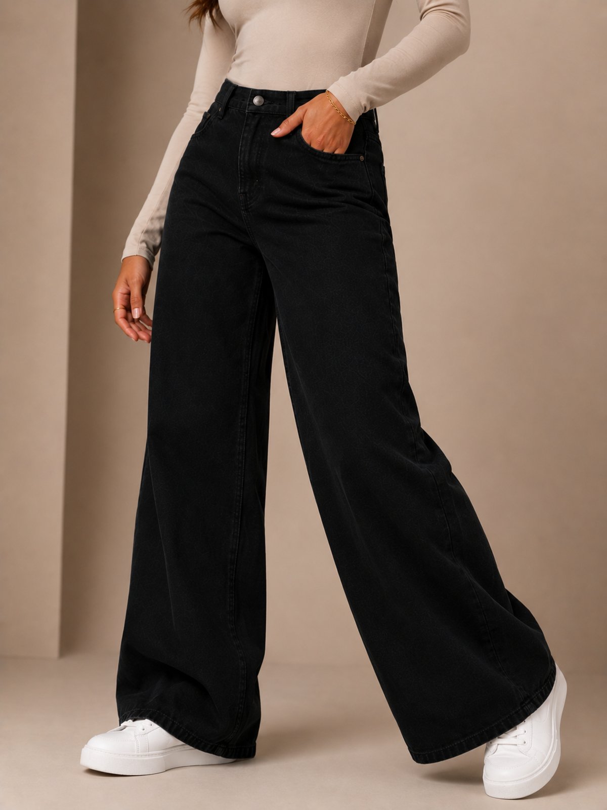 Calça Wide Leg Feminina MYS Jeans Preta Modelagem Premium