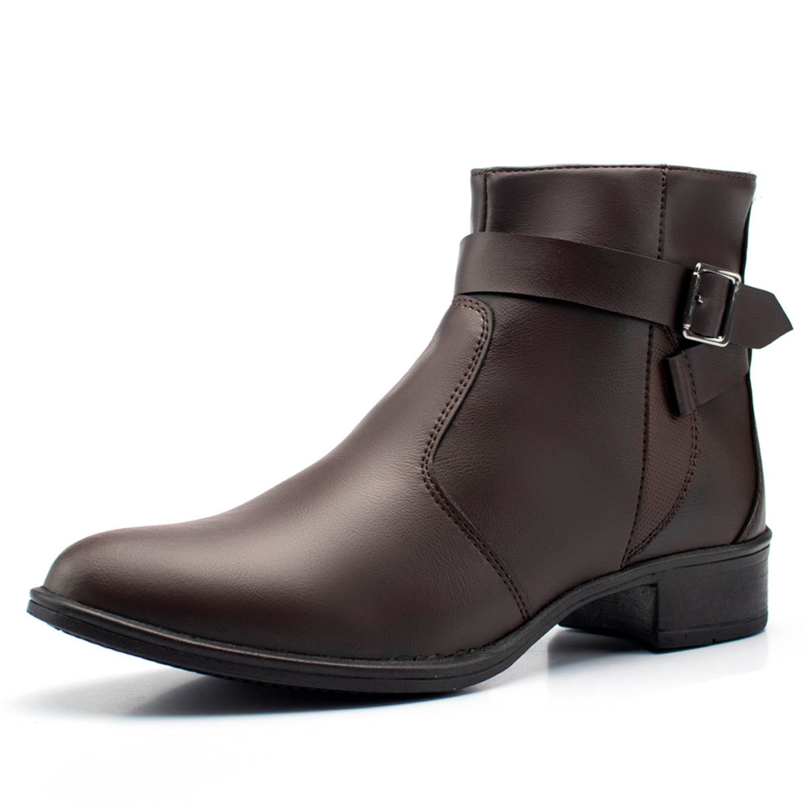 Bota Feminina Cano Curto Bredeni Coturno Salto Baixo Com Ziper Lateral Detalhe Fivela Marrom