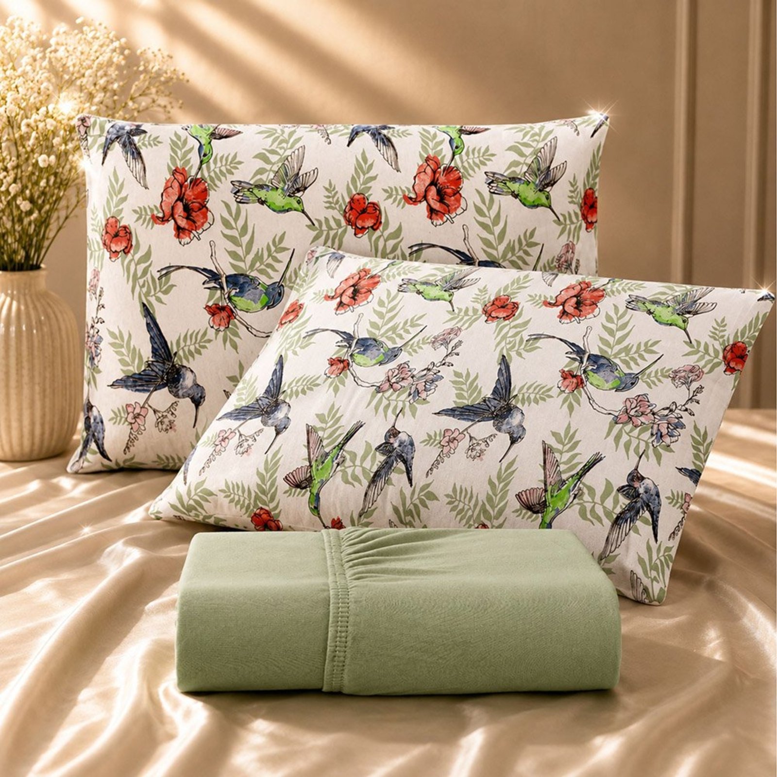 Jogo de Cama Lençol Malha Grossa Fio Penteado 100% Algodão King 3 Peças - Beija Flor