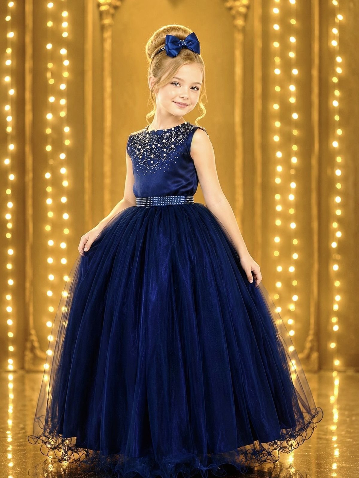 Infantil - Vestido Longo Azul Escuro Marinho Formatura Casamento Dama Daminha Social Menina Juvenil Festa Pérolas Juvenil Princesa Rodado Florista Aniversário Luxo