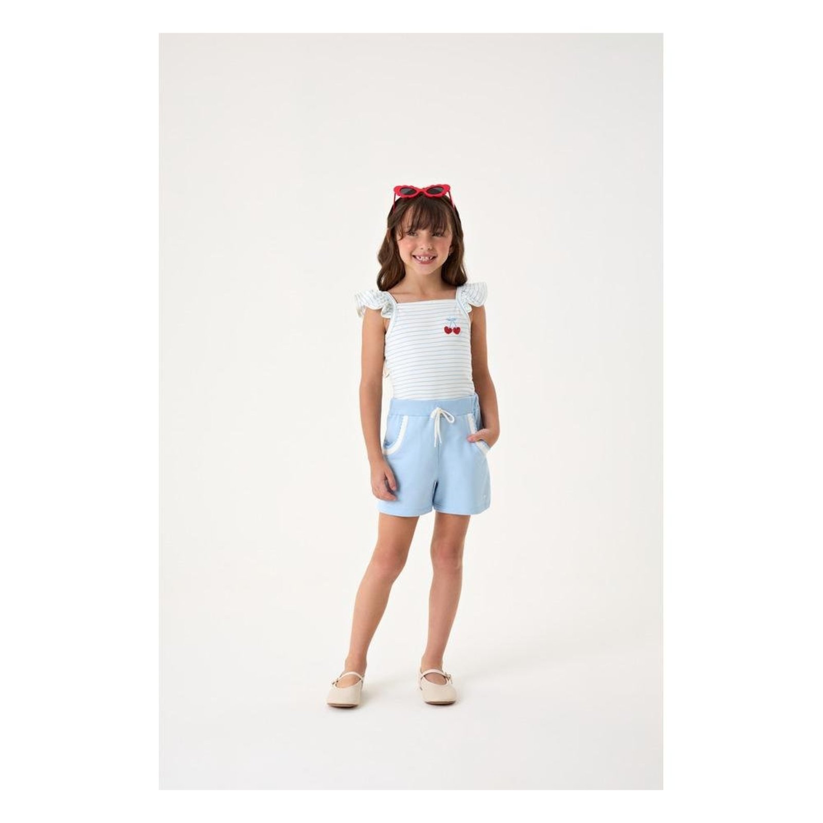Infantil - ConJunto Shorts Blusa Regata Babado Bordado Cereja Somni Branco 8 Azul