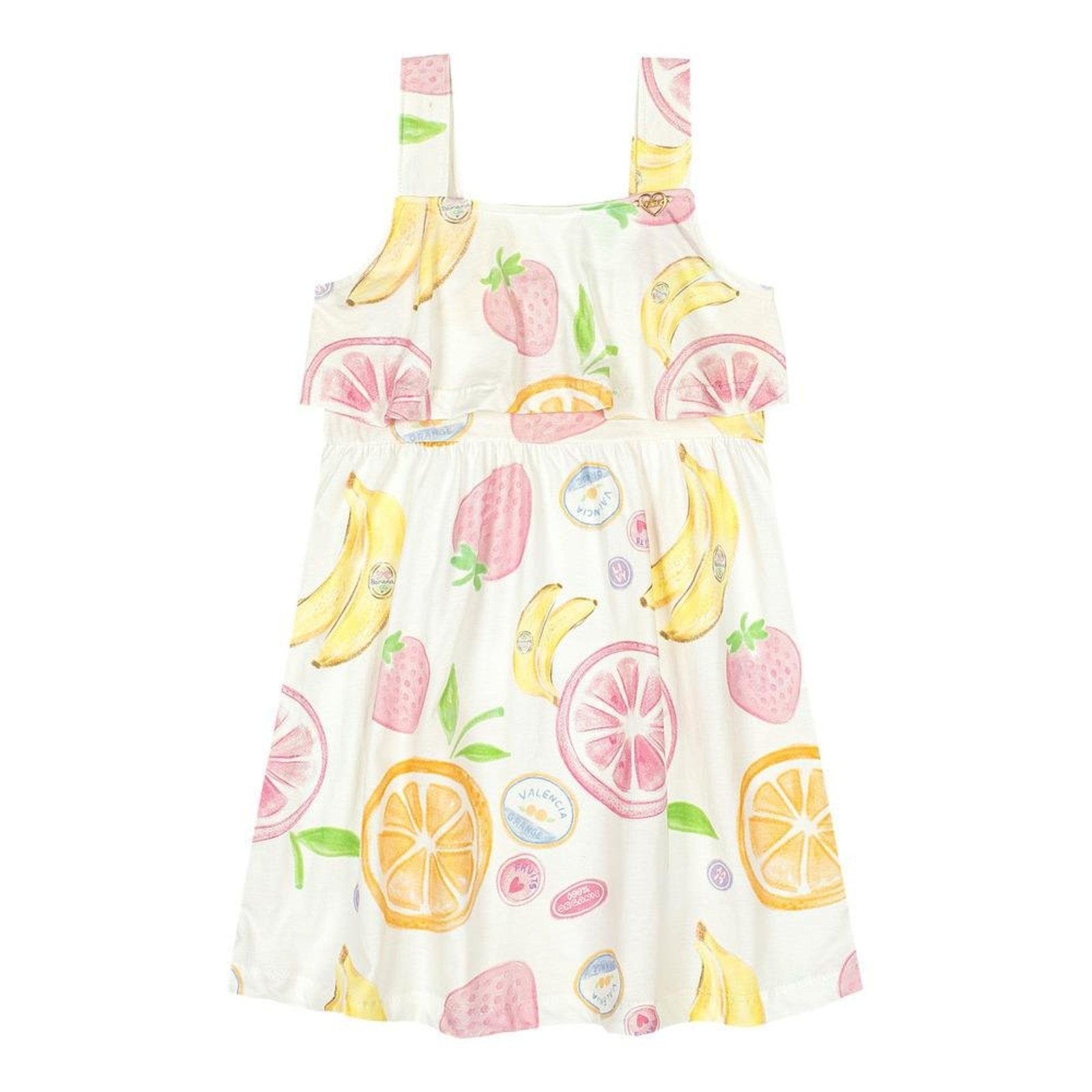 Infantil - Vestido Feminino Estampado Frutas Babado Livy Branco 10 Amarelo