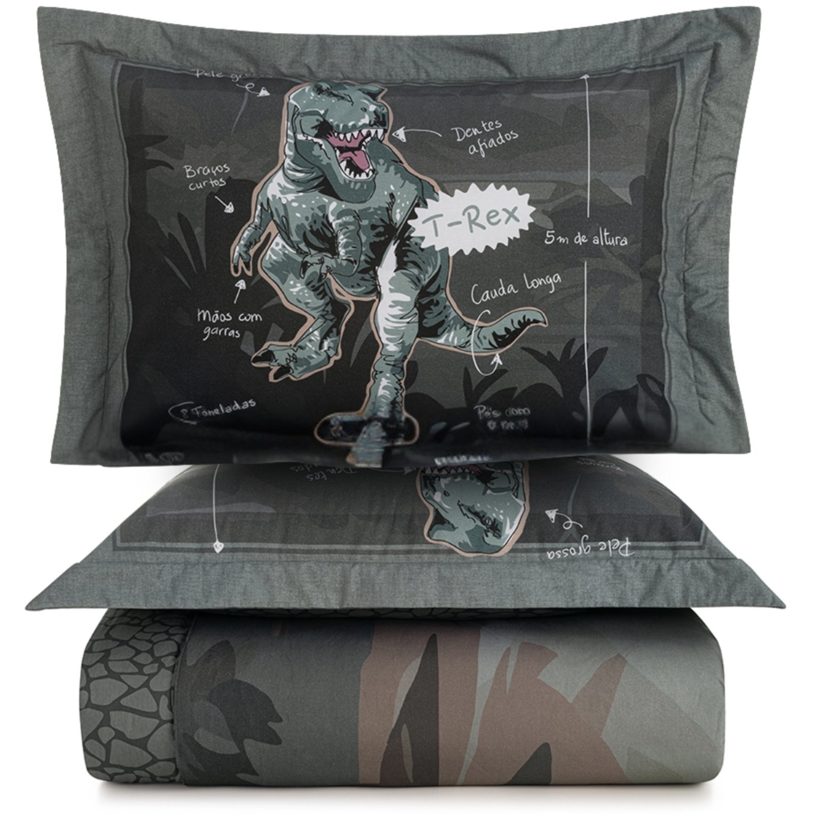 Kit Colcha Casal 200 Fios Karsten Dinossauros T-Rex Cinza
