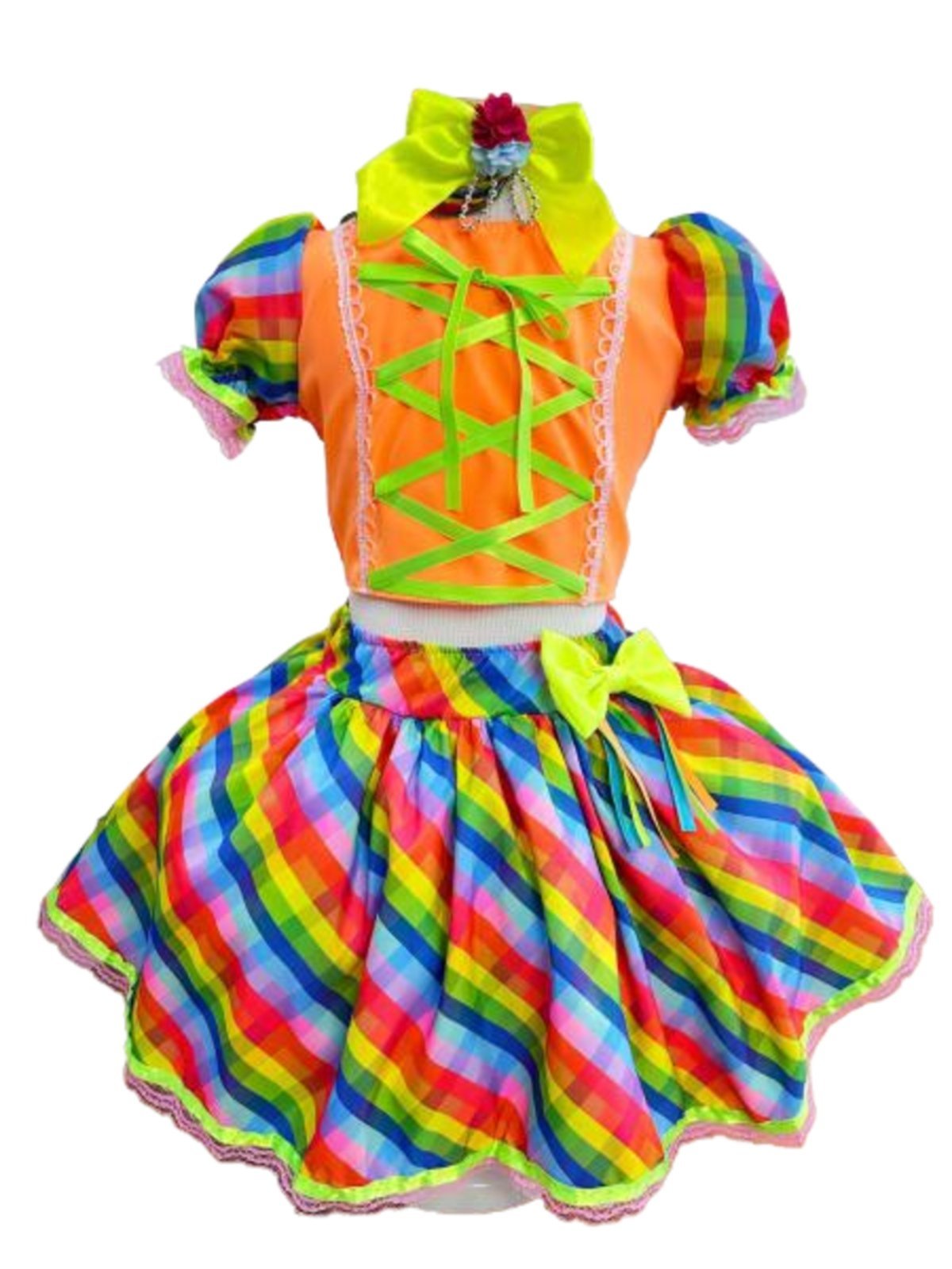 Infantil - Conjunto Xadrez Junino Laranja Neon Colorido Cropped Saia Festa Junina Caipira Quadrilha