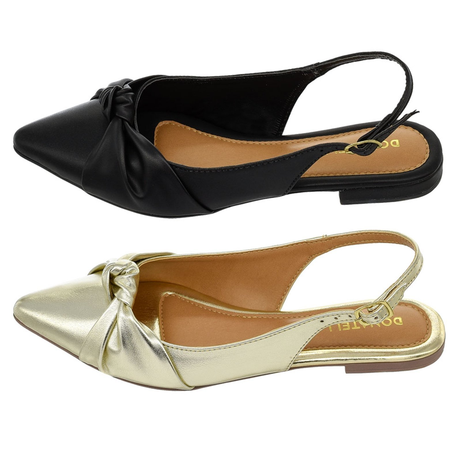 Kit 2 Pares Sapatilha Feminina Bico Fino Mule Slingback CM Calçados Nó Preto e Ouro Light