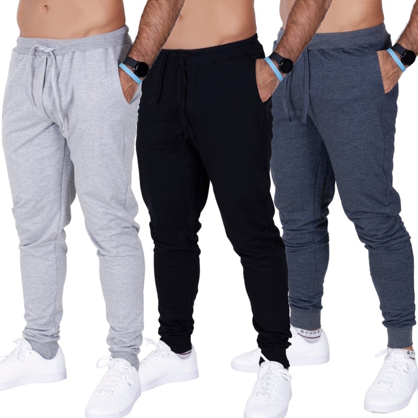 Kit 3 Calça Moletom Com Bolso Slim Skinny Jogger Masculina Adulto