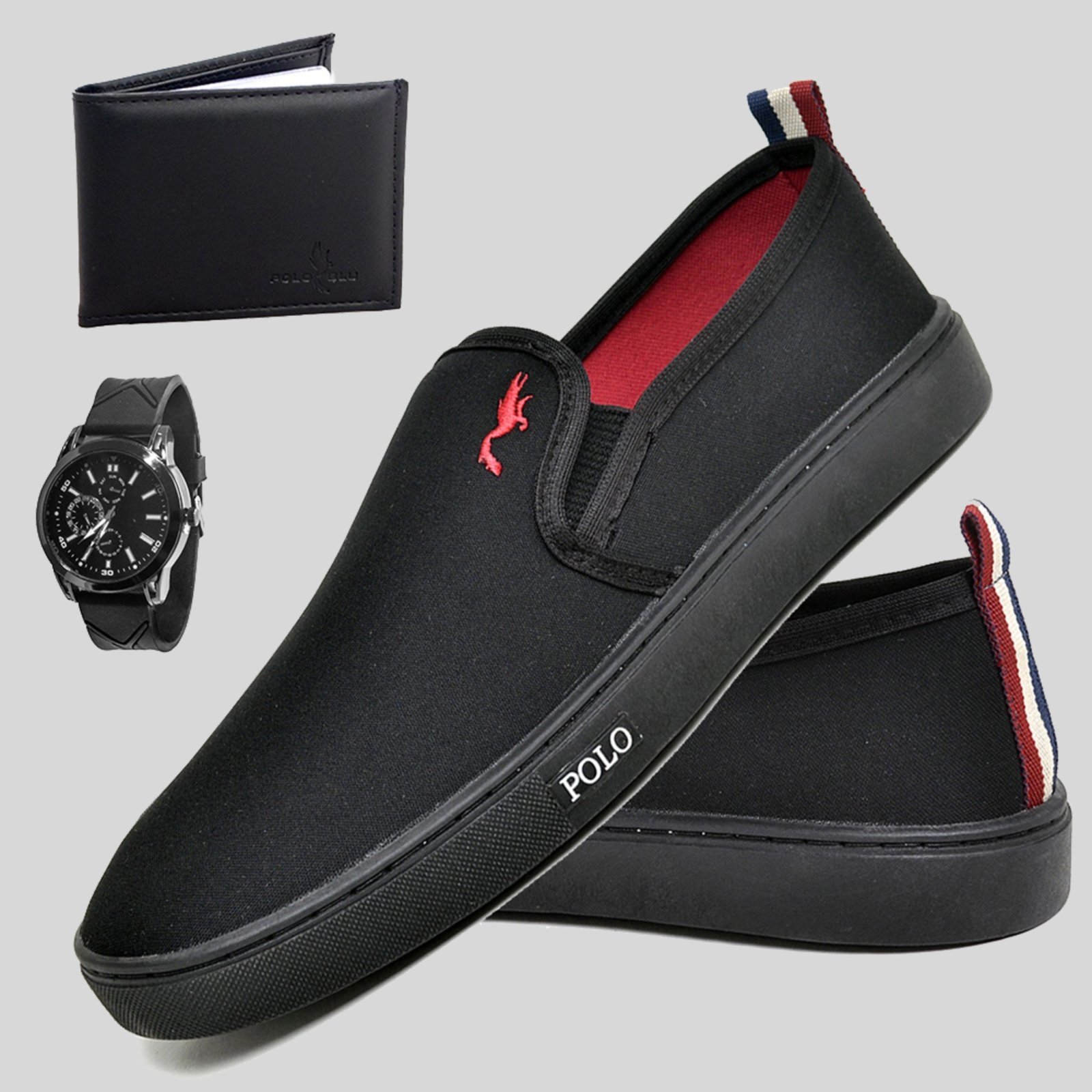 Sapato Iate Masculino Sapatilha Casual Preto Slip Polo Kit Relogio e Carteira