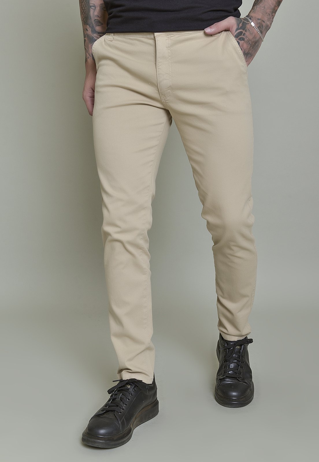 Vista 3 Calça Sarja Skinny Masculina Color Sport Fino Bolso-Faca Dialogo bege bege