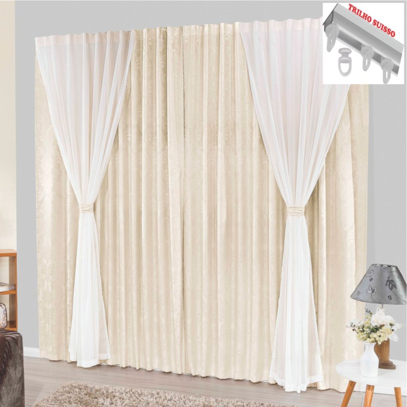 Cortina Bhaly Jacquard e Voal 4,00 X 2,50 Para Trilho Suisso - Palha - 100% Poliéster